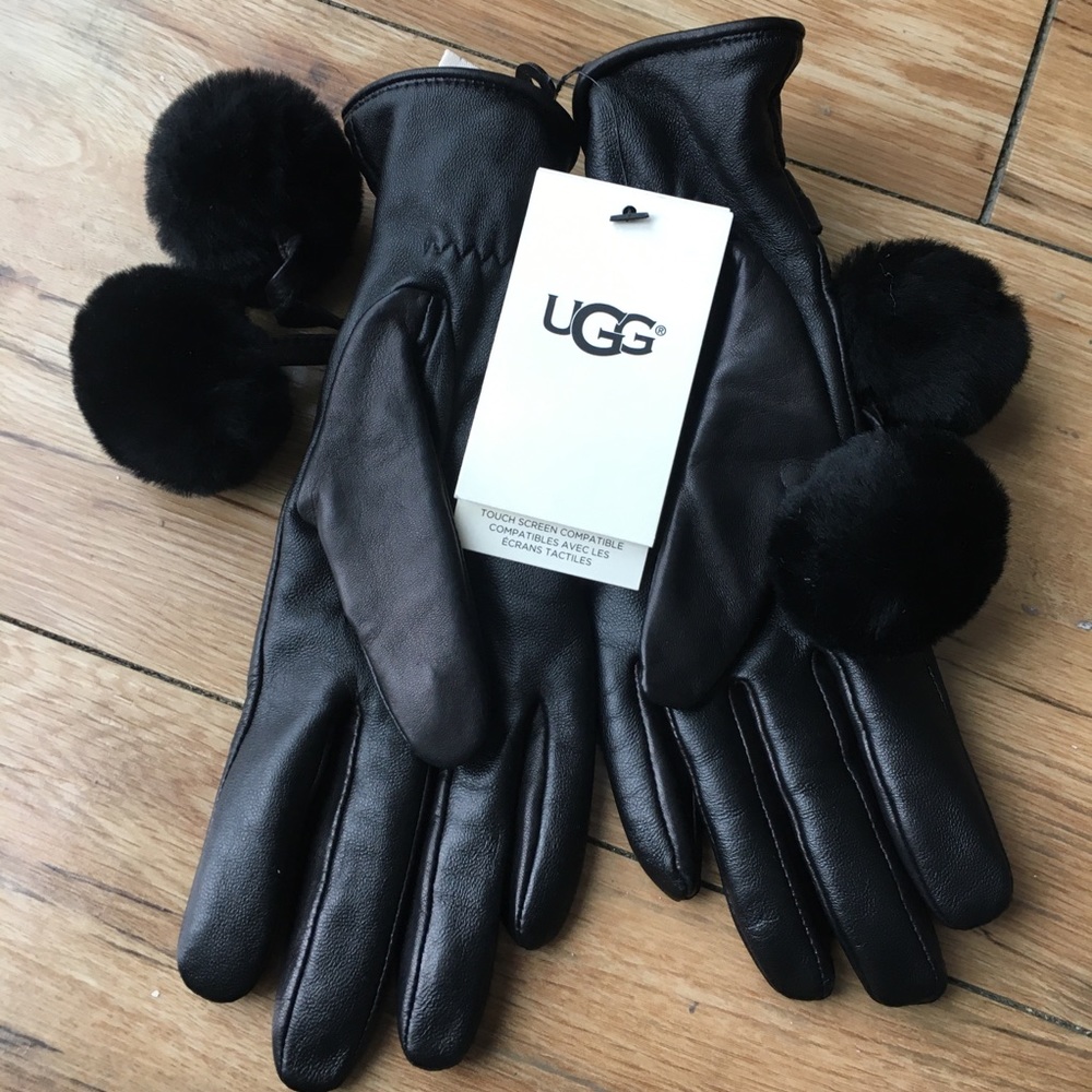 NWT UGG Brita Shearling Pom-Pom Tech Leather Glove - Picture 1 of 8